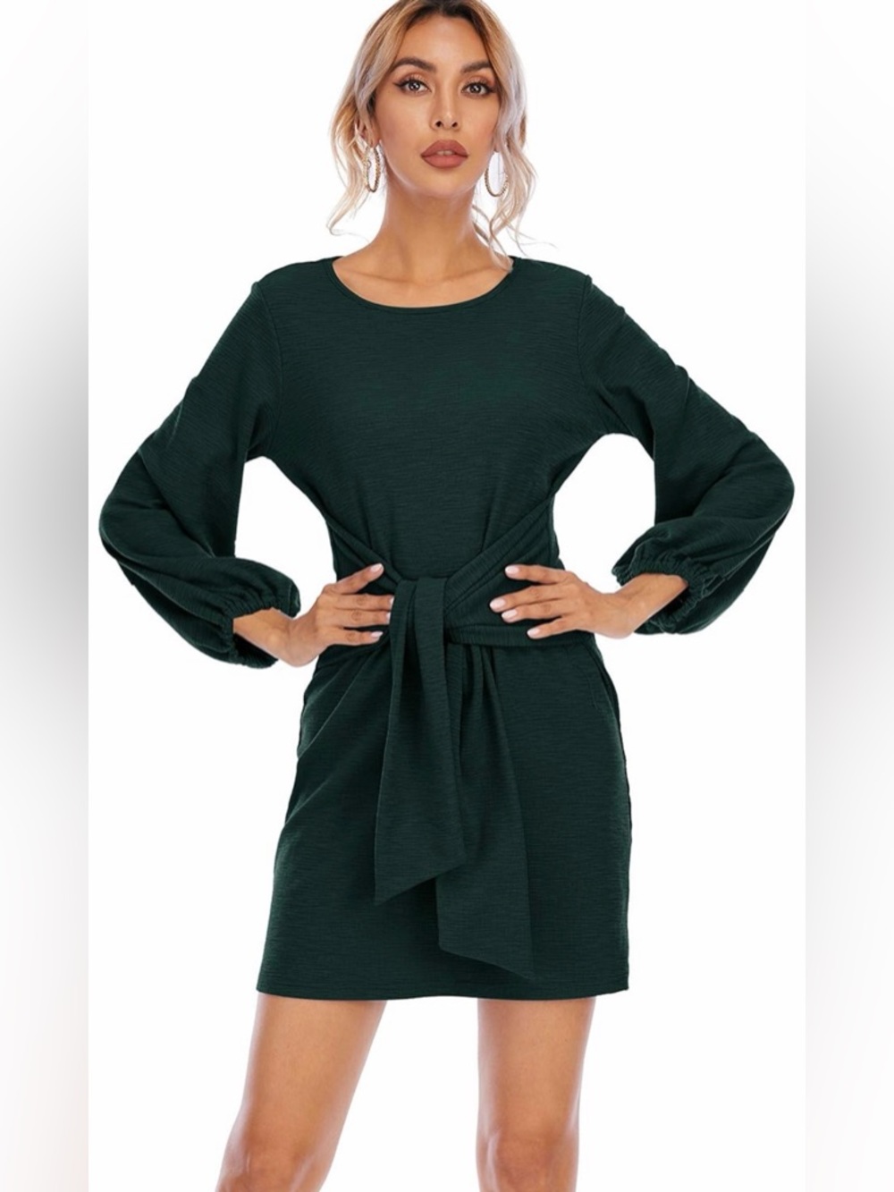 Forest Green Long Sleeve Tie-Waist Dress
